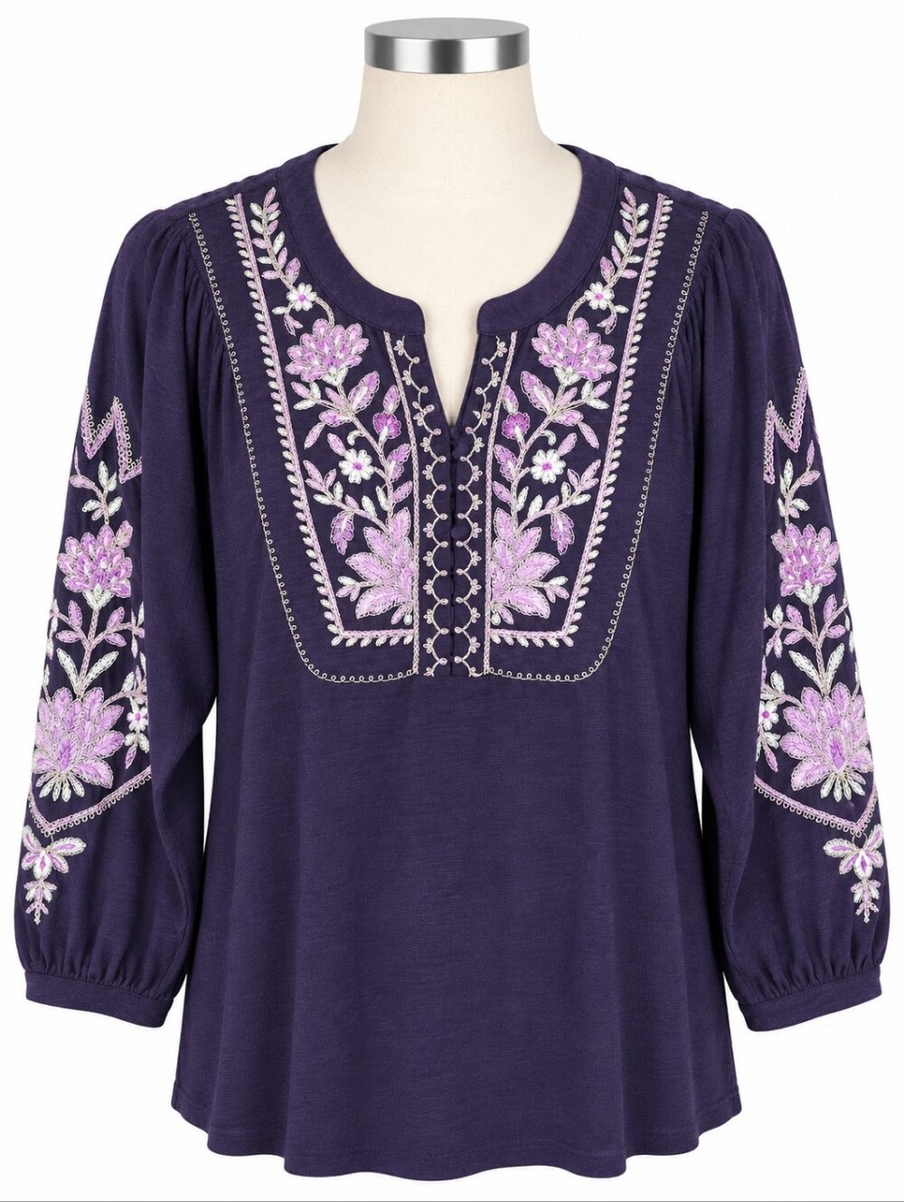 J. Jill Dark Purple Embroidered Tunic Top Womens Sz M Boho Split Neck Peasant